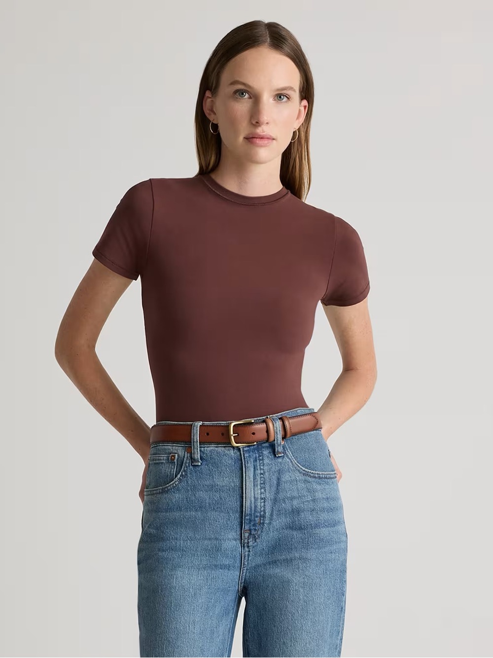 NWT Quince Stretch Cotton Jersey Cropped Fitted T-Shirt - Cocoa